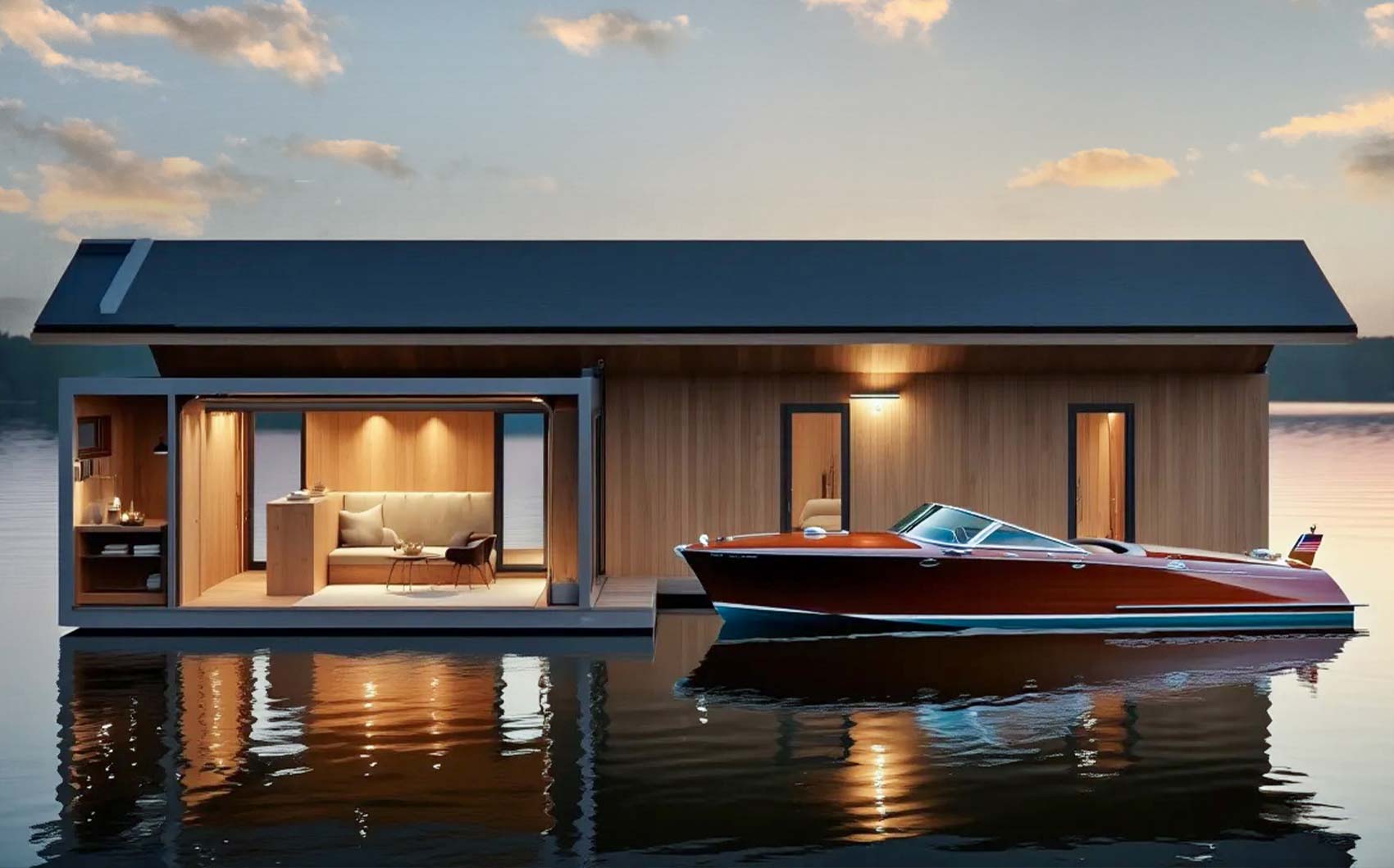 Querschnitt-Ansicht Boots-Haus Modul FX_62 Gold mit Satteldach und Boots-Garagen-Anbau Plansecure Safe-Homes